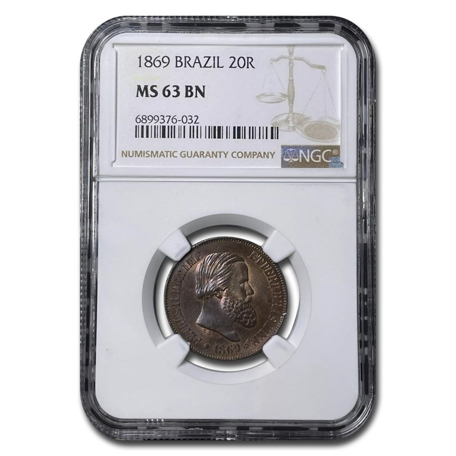 1869 Brazil 20 Reis MS-63 NGC: 1869 Brazil 20 Reis MS-63 NGC (Brown) SKU no: RBJ305562 Year: 1869 Grade: MS-63 Grade Service: NGC Denomination: 20 Reis Mint Mark: None Metal Content: 0 troy oz Purity: None