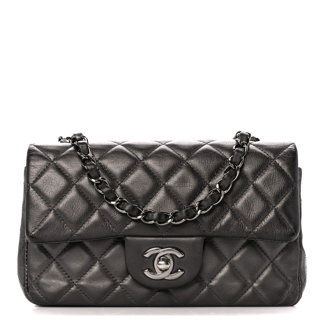 Chanel Metallic Calfskin Quilted Mini Rectangular: Chanel Metallic Calfskin Quilted Mini Rectangular Flap Grey Brand: CHANEL Condition: Shows Wear Condition Details: Exterior: Corner wear, creases, scuffs, edge wear, surface wear, Handle: Surface wear