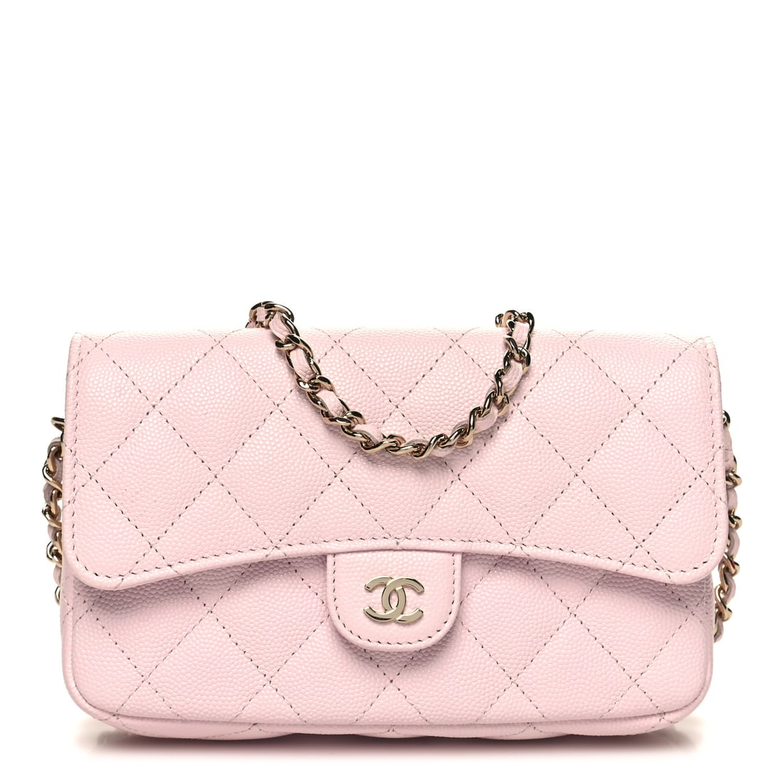 Chanel Caviar Quilted Flap Phone Holder: Chanel Caviar Quilted Flap Phone Holder With Chain Light Pink SKU no: RBJ 1415551 Condition: Excellent Condition Details: Hardware: Faint scratch(es) Year: 2021 Base length: 6.75 in Height: 4.25 i