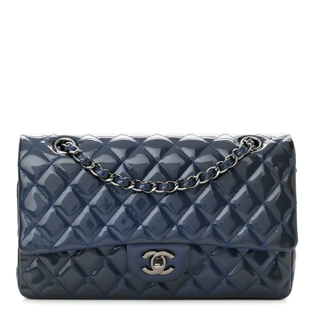 Chanel Patent Quilted Medium Double Flap: Chanel Patent Quilted Medium Double Flap Blue Brand: CHANEL Condition: Shows Wear Condition Details: Exterior: Scuffs, imprints, sticky surface, Interior: Creases, scuffs, imprints, Hardware: Scratch(