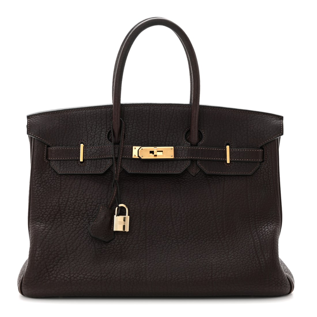 Hermes Fjord Birkin 35 Chocolate: Hermes Fjord Birkin 35 Chocolate Brand: HERMES Condition: Shows Wear Condition Details: Exterior: Corner wear, structure loss, edge wear, faint scuffs, surface wear, Handle: Surface wear, edge wear, w
