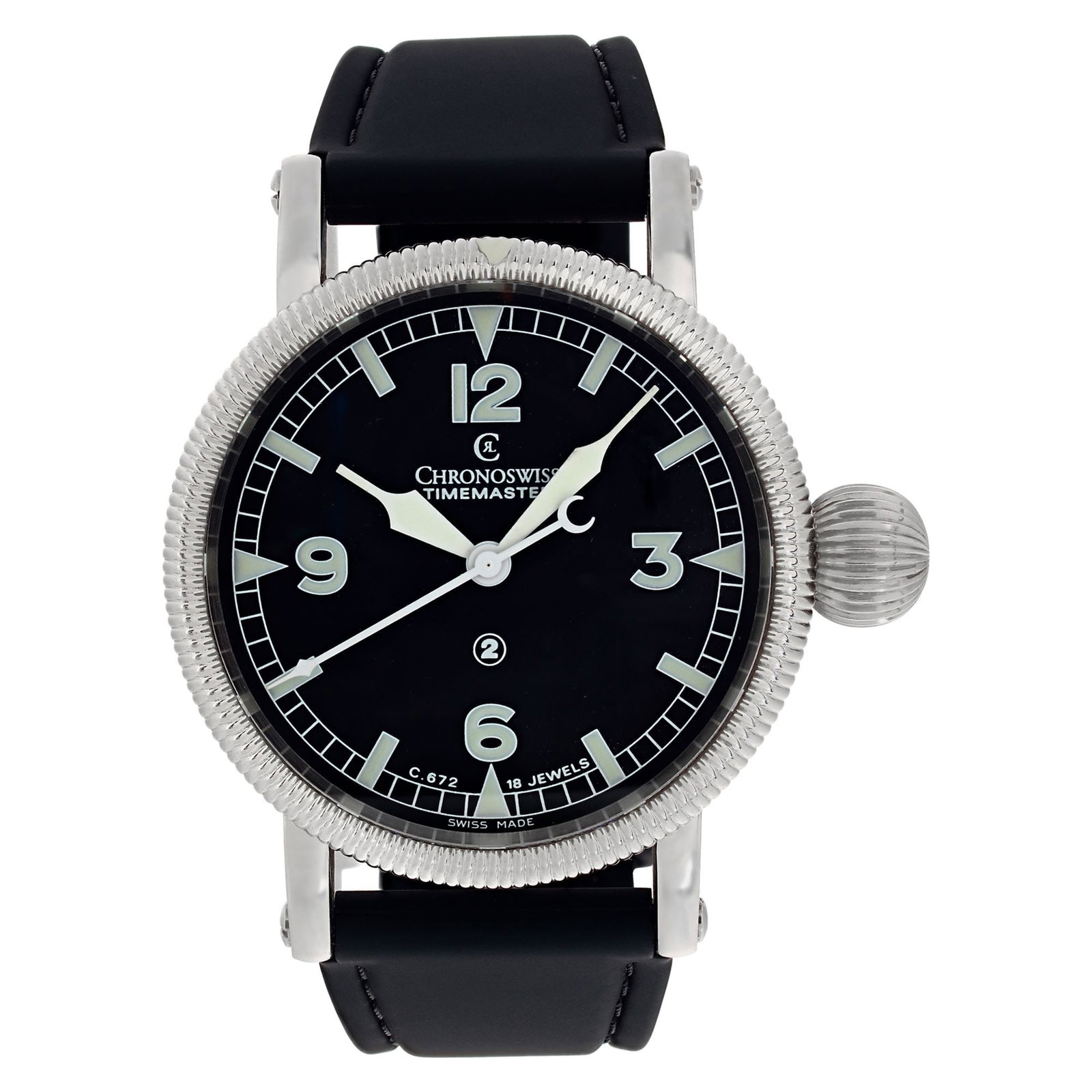 Chronoswiss Timemaster in stainless steel on: Chronoswiss Timemaster in stainless steel on a black rubber strap with a Chronoswiss stainless steel deployant buckle. Brand: Chronoswiss Model: Timemaster Model No: CH 6233 Case Size: 44mm Age: 1979