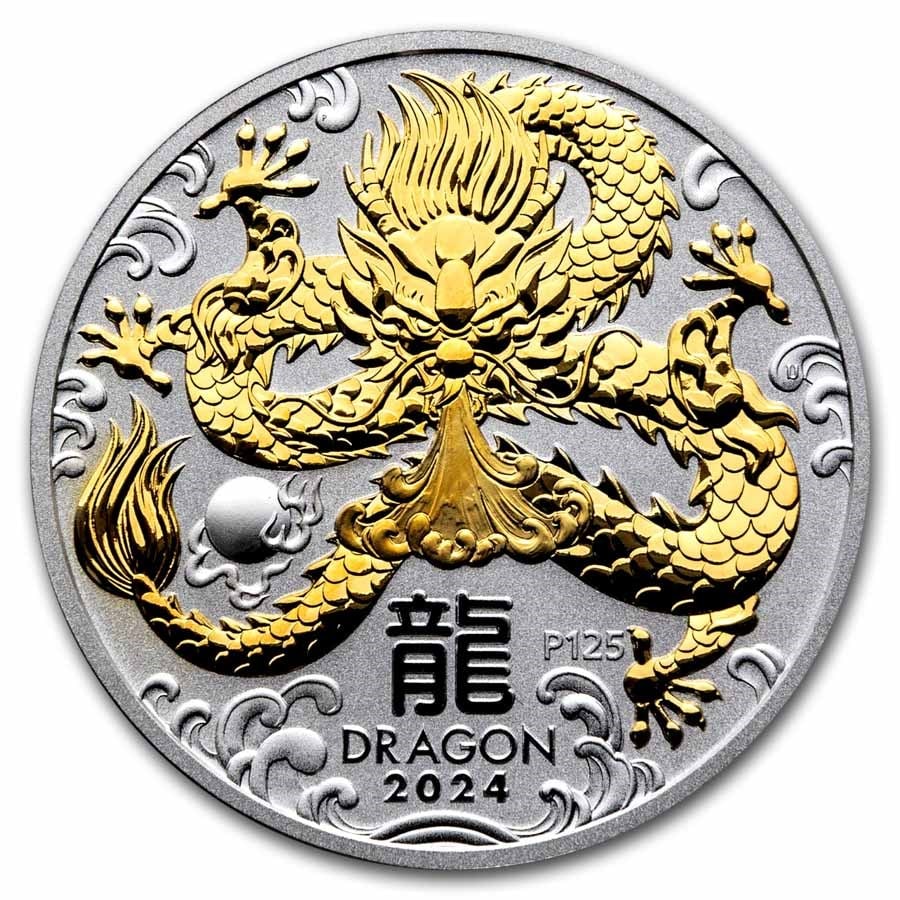 2024 Australia 1 oz Silver Lunar: 2024 Australia 1 oz Silver Lunar Dragon (Gilded, w/Capsule & COA) SKU no: RBJ287088 Year: 2024 Grade: Uncirculated Grade Service: None Denomination: 1 Dollar Mint Mark: P - Perth Metal Co