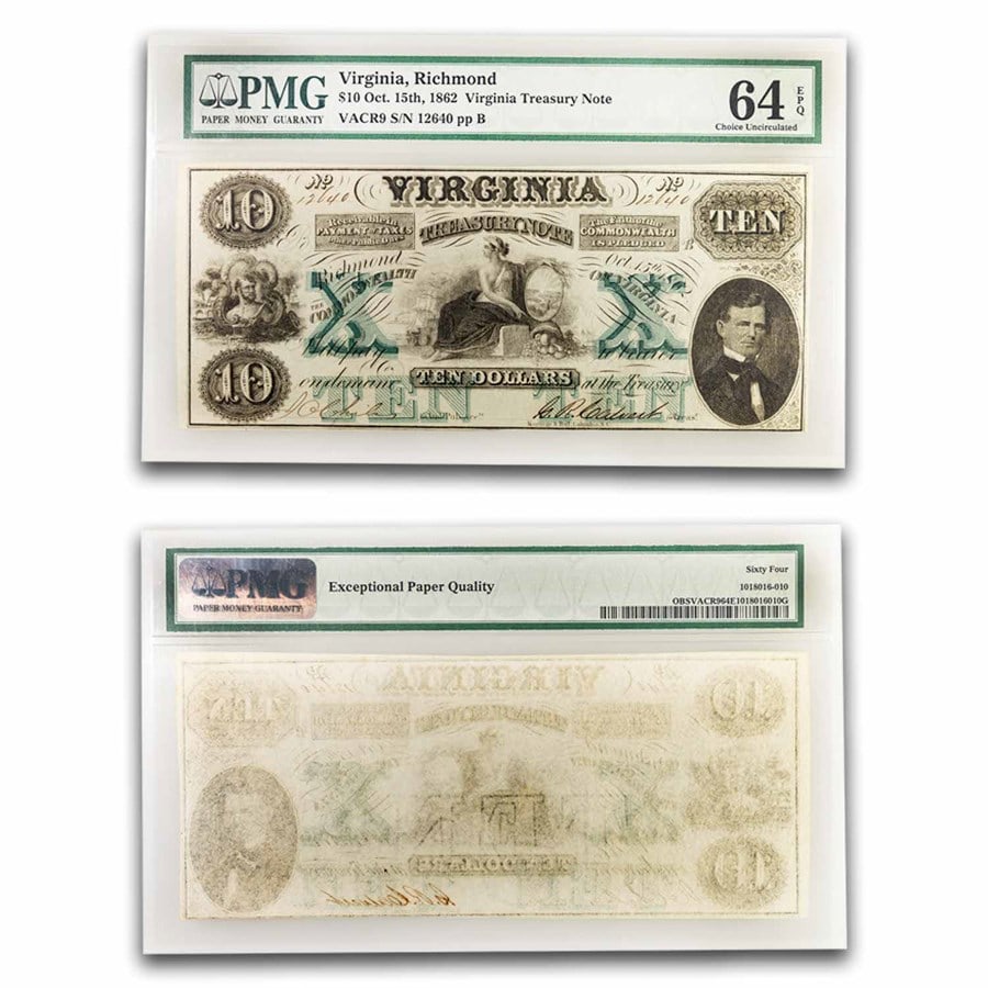 1862 $10.00 Richmond Virginia Treasury Note: 1862 $10.00 Richmond Virginia Treasury Note CU-64 EPQ PMG (CR-9) SKU no: RBJ303607 Year: 1862 Grade: (PMG) Choice Unc - 64 Grade Service: PMG Denomination: 10 Dollars Mint Mark: None Meta