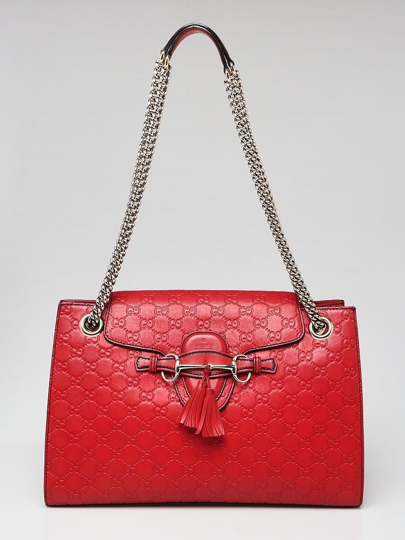 Gucci Red Guccissima Leather Large Emily: Gucci Red Guccissima Leather Large Emily Chain Shoulder Bag Overall Condition: Gently used Exterior Condition: Gently used Interior Condition: Gently used Designer: Gucci Material: Red Guccissima Leat