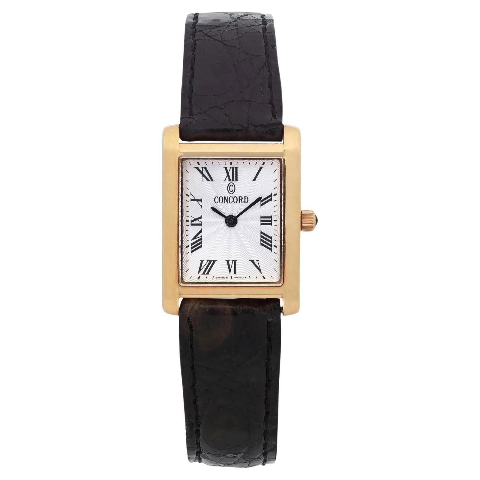 Concord Bennington 18K Yellow Gold Silver: Concord Bennington 18K Yellow Gold Silver Dial Quartz Ladies Watch 50.25.1421 Brand: Concord Watch Case Material: Yellow Gold Strap Material: Leather Case Shape: Rectangle Case Dimensions: Diamete
