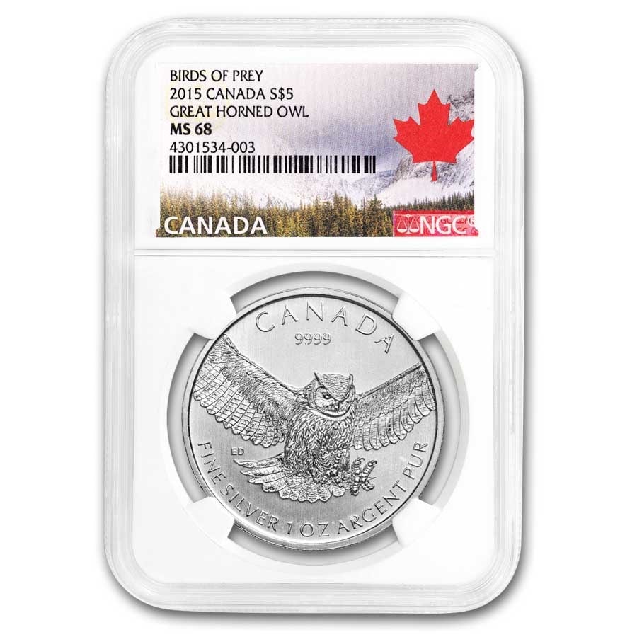 2015 RCM 1 oz Silver Birds: 2015 RCM 1 oz Silver Birds of Prey Great Horned Owl MS-68 NGC ER SKU no: RBJ304288 Year: 2015 Grade: MS-68 Grade Service: NGC Denomination: 5 Dollars Mint Mark: RCM (Not Shown) Metal Cont