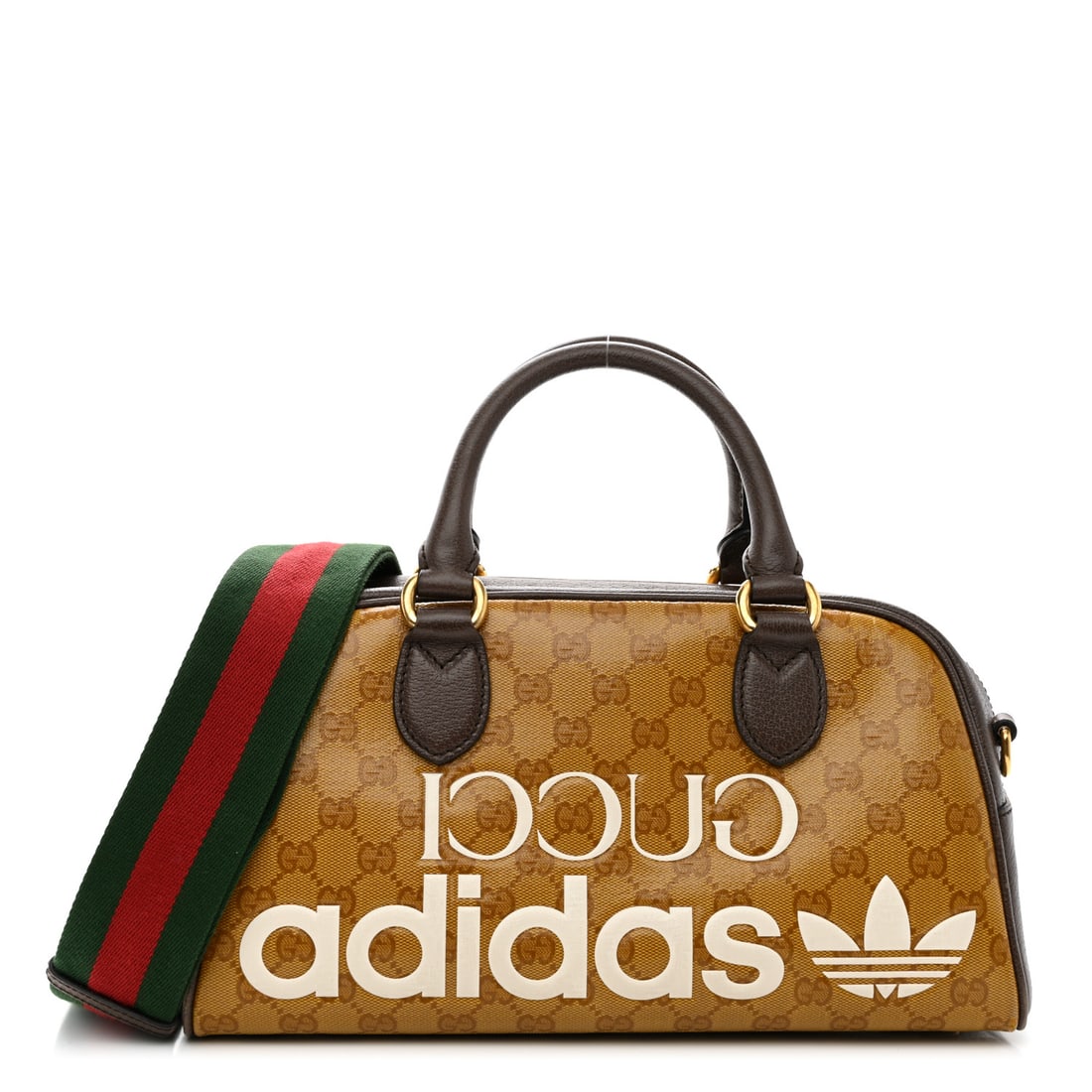 Gucci X ADIDAS Crystal Vintage Monogram: Gucci X ADIDAS Crystal Vintage Monogram Textured Dollar Calfskin Web Trefoil Logo Mini Bowling Bag Mid Natural Nut Off White New Acero Brand: GUCCI Condition: Shows Wear Condition Details: Exterior: C