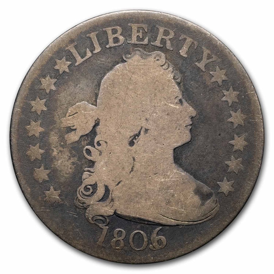 1806 Draped Bust Quarter Good: 1806 Draped Bust Quarter Good SKU no: RBJ27083 Year: 1806 Grade: Good Grade Service: None Denomination: 25 Cents Mint Mark: P - Philadelphia (Not Shown) Metal Content: 0.1934 troy oz