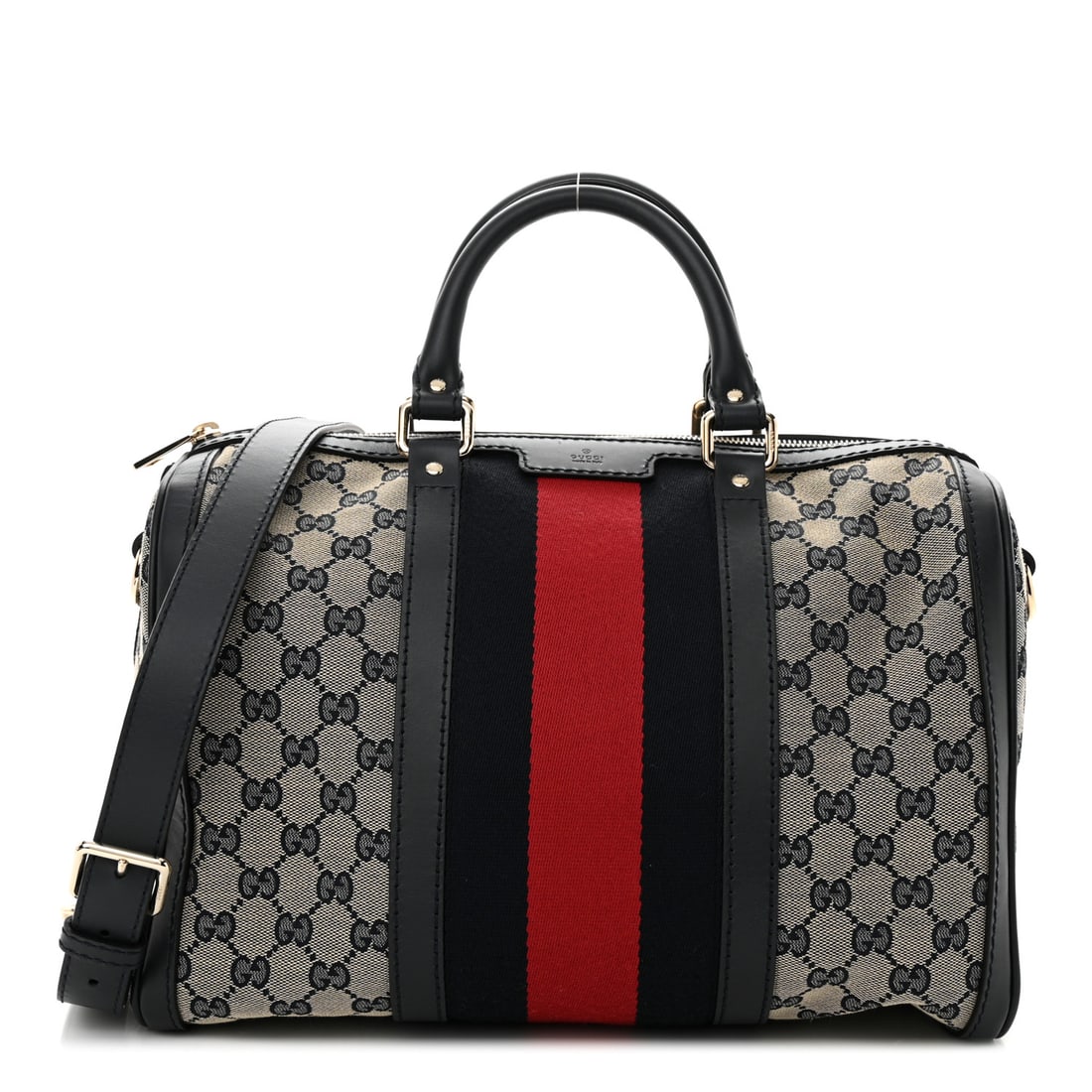 Gucci Monogram Selleria Calfskin Vintage Web: Gucci Monogram Selleria Calfskin Vintage Web Medium Boston Beige Blue Brand: GUCCI Condition: Excellent Condition Details: Exterior: Pilling, faint scuffs, Handle: Scuffs, , Strap Base length: 13 in H