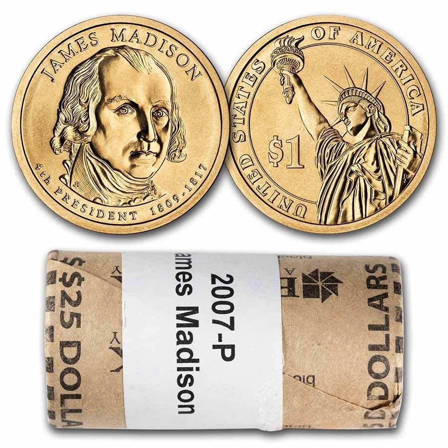 2007-P James Madison 25-Coin Presidential Dollar: 2007-P James Madison 25-Coin Presidential Dollar Roll SKU no: RBJ29958 Year: 2007 Grade: Brilliant Unc Grade Service: None Denomination: 1 Dollar Mint Mark: P - Philadelphia Metal Content