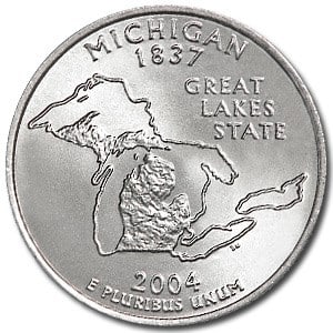 2004-P Michigan State Quarter BU: 2004-P Michigan State Quarter BU SKU no: RBJ5274 Year: 2004 Grade: Brilliant Unc Grade Service: None Denomination: 25 Cents Mint Mark: P - Philadelphia Metal Content: 0 troy oz P