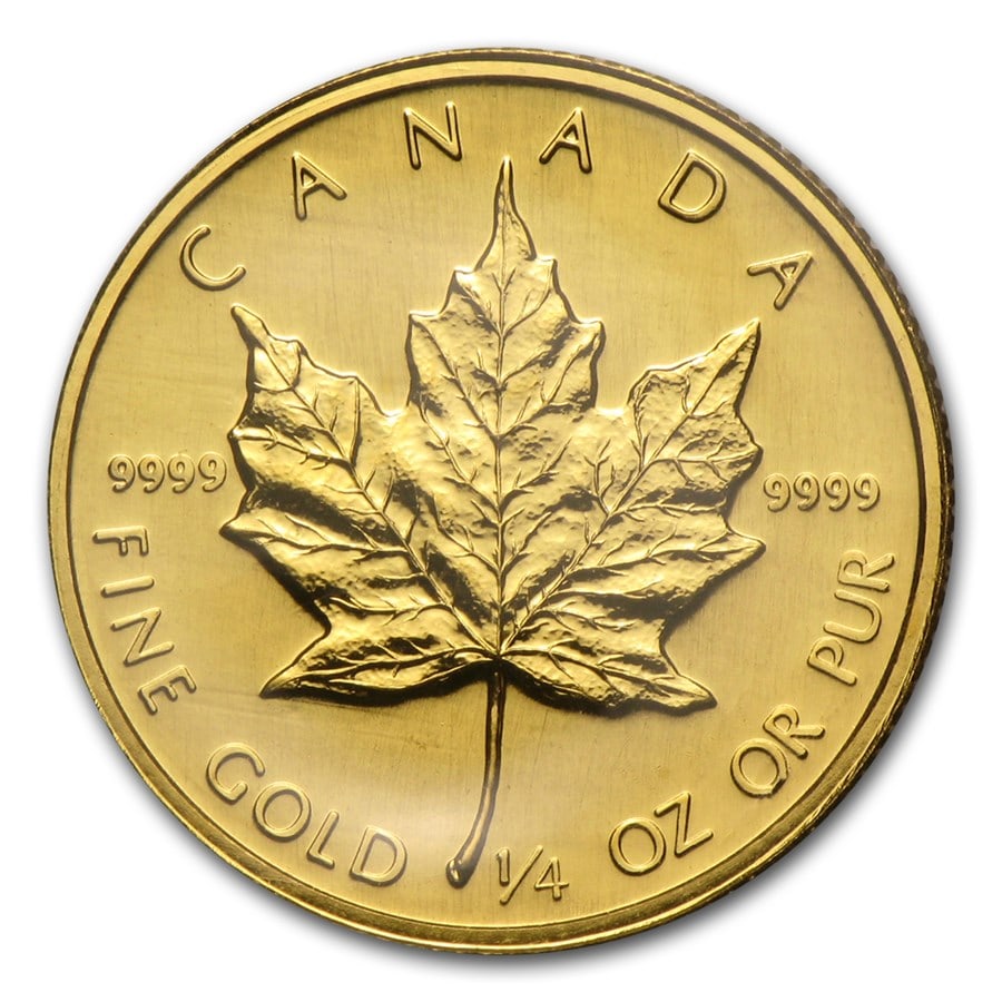 1989 Canada 1/4 oz Gold Maple: 1989 Canada 1/4 oz Gold Maple Leaf BU SKU no: RBJ86880 Year: 1989 Grade: Brilliant Unc Grade Service: None Denomination: $10 Mint Mark: RCM (Not Shown) Metal Content: 0.25 troy oz