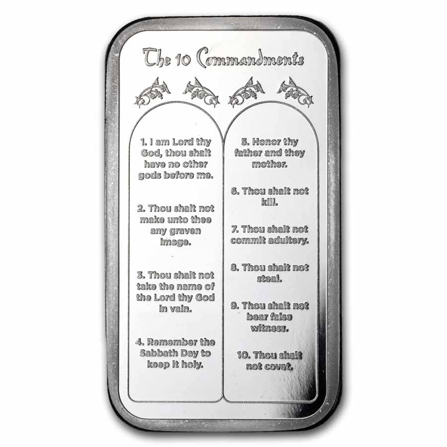 5 oz Silver Bar - Ten: 5 oz Silver Bar - Ten Commandments SKU no: RBJ274341 Grade: None Grade Service: None Mint Mark: N/A - Not Available Metal Content: 5 troy oz Purity: .999 Thickness: 8 mm Diameter