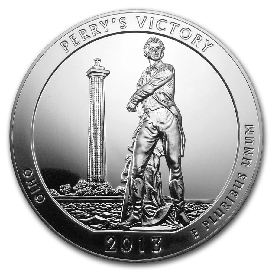 2013 5 oz Silver ATB Perrys: 2013 5 oz Silver ATB Perrys Victory and Peace Park, OH SKU no: RBJ74098 Year: 2013 Grade: Brilliant Unc Grade Service: None Denomination: 25 Cents Mint Mark: P - Philadelphia (Not Shown)
