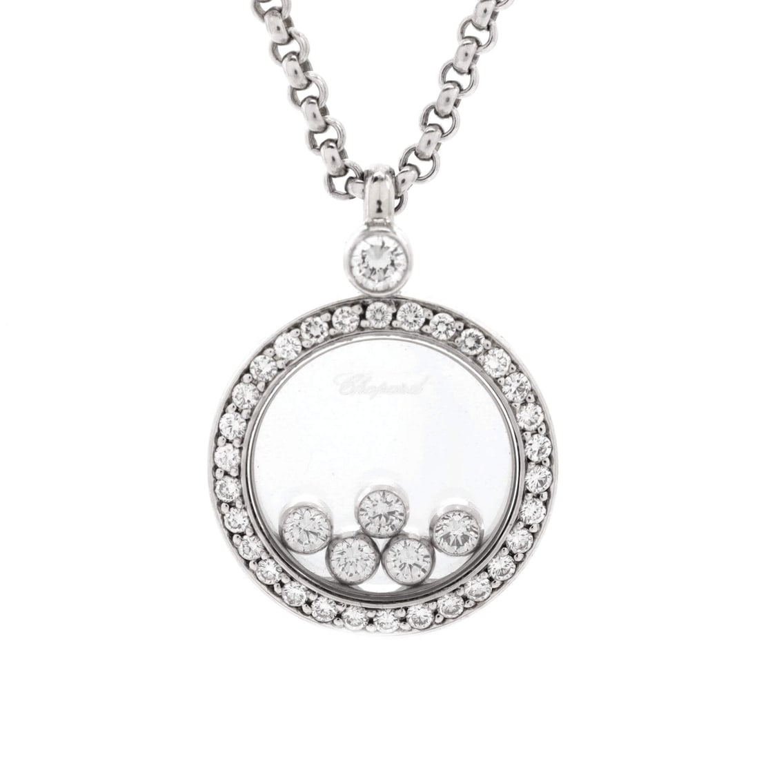 Chopard Happy Diamonds Round Pendant Necklace: Chopard Happy Diamonds Round Pendant Necklace 18K White Gold with Diamonds and 5 Floating Diamonds Metal Type: 18K White Gold Metal Finish: High Polish Hallmarks Type: 750, Designer Signature, Makers