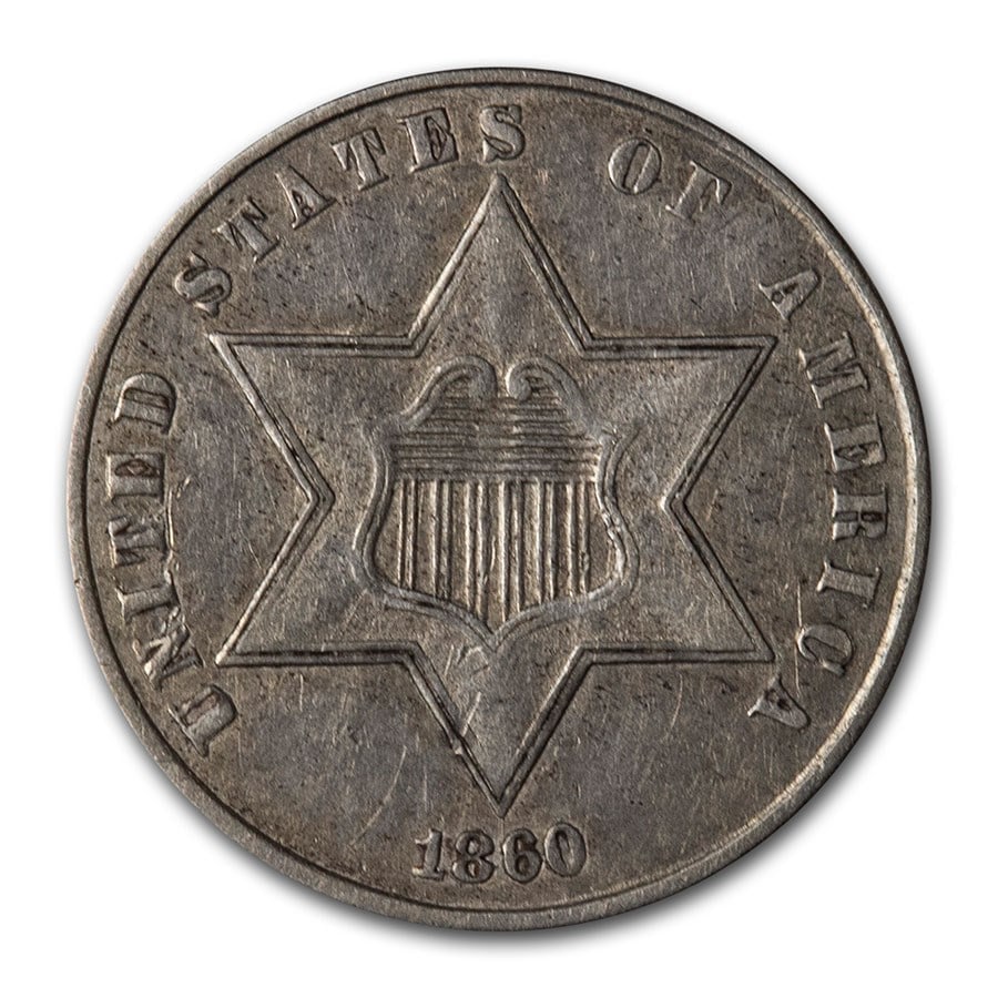 1860 Three Cent Silver XF: 1860 Three Cent Silver XF SKU no: RBJ55288 Year: 1860 Grade: Extra Fine Grade Service: None Denomination: 3 Cents Mint Mark: P - Philadelphia (Not Shown) Metal Content: 0.0193 troy oz