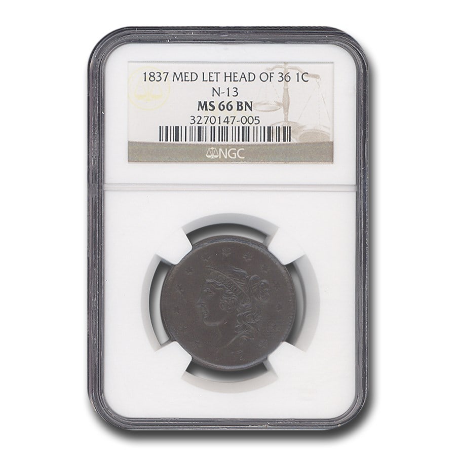 1837 Large Cent MS-66 NGC (Brown,: 1837 Large Cent MS-66 NGC (Brown, Medium Let., Head of 36, N-13) SKU no: RBJ304669 Year: 1837 Grade: MS-66 Grade Service: NGC Denomination: 1 Cent Mint Mark: P - Philadelphia (Not Shown)