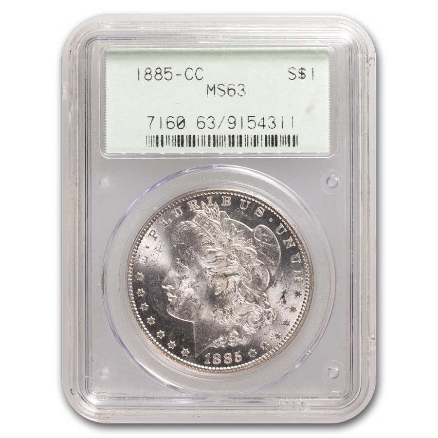 1885-CC Morgan Dollar MS-63 PCGS (Old: 1885-CC Morgan Dollar MS-63 PCGS (Old Doily Holder) SKU no: RBJ301237 Year: 1885 Grade: MS-63 Grade Service: PCGS Denomination: 1 Dollar Mint Mark: CC - Carson City Metal Content: 0.7734