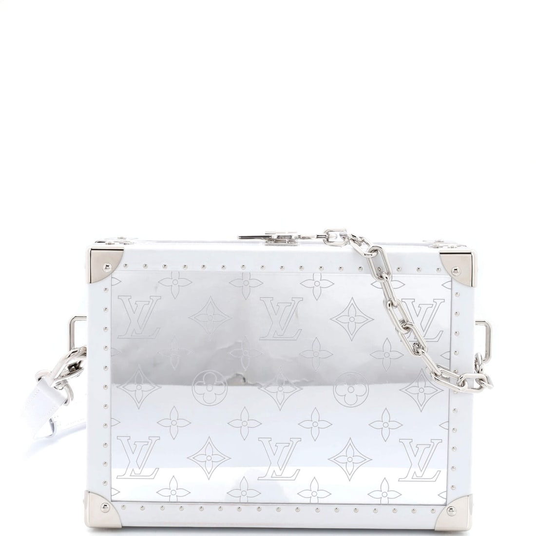Louis Vuitton Clutch Box Bag Monogram: Louis Vuitton Clutch Box Bag Monogram Mirror Exterior Color: Gray, Metallic Interior Color: Gray Exterior Material: Leather, Metal Interior Material: Leather Hardware Color: Silver Accessories: Du