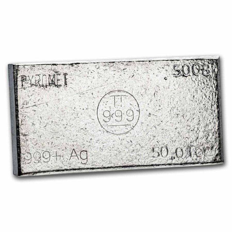 50 oz Silver Bar - Pyromet: 50 oz Silver Bar - Pyromet SKU no: RBJ281075 Grade: None Grade Service: None Mint Mark: N/A - Not Available Metal Content: 50 troy oz Purity: .999 Thickness: Varies mm Diameter: