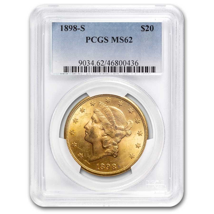 1898-S $20 Liberty Gold Double Eagle: 1898-S $20 Liberty Gold Double Eagle MS-62 PCGS SKU no: RBJ4338 Year: 1898 Grade Service: PCGS Denomination: $20.00 Metal Content: 0.9675 troy oz Purity: .900 Thickness: 2.41 mm