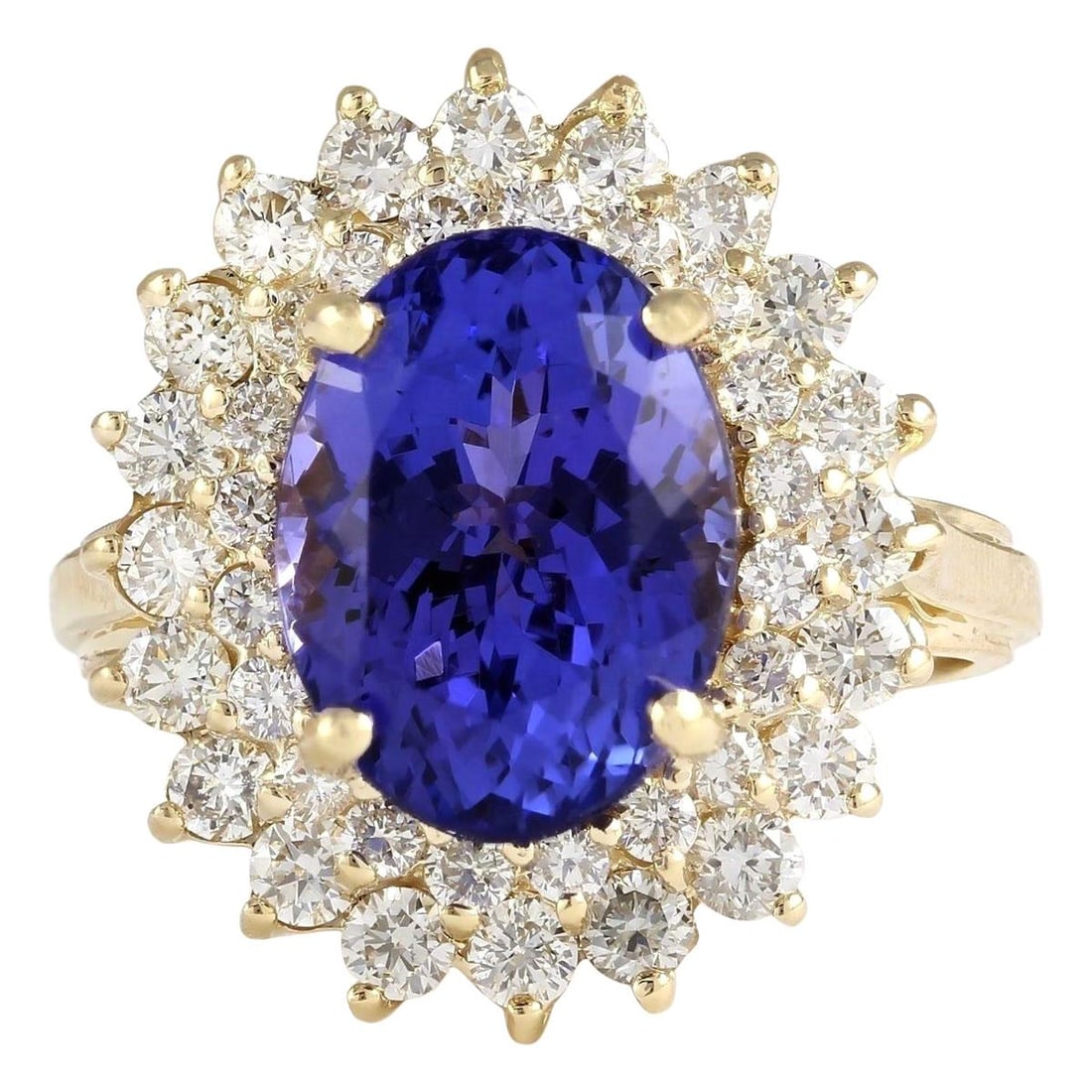 7.26 Carat Tanzanite 14 Karat Yellow: 7.26 Carat Tanzanite 14 Karat Yellow Gold Diamond Ring Ring Size: 7 US, Resizable Place of Origin: United States Period: 2010- Date of Manufacture: 2019 Condition: New Stamped: 14K Yellow