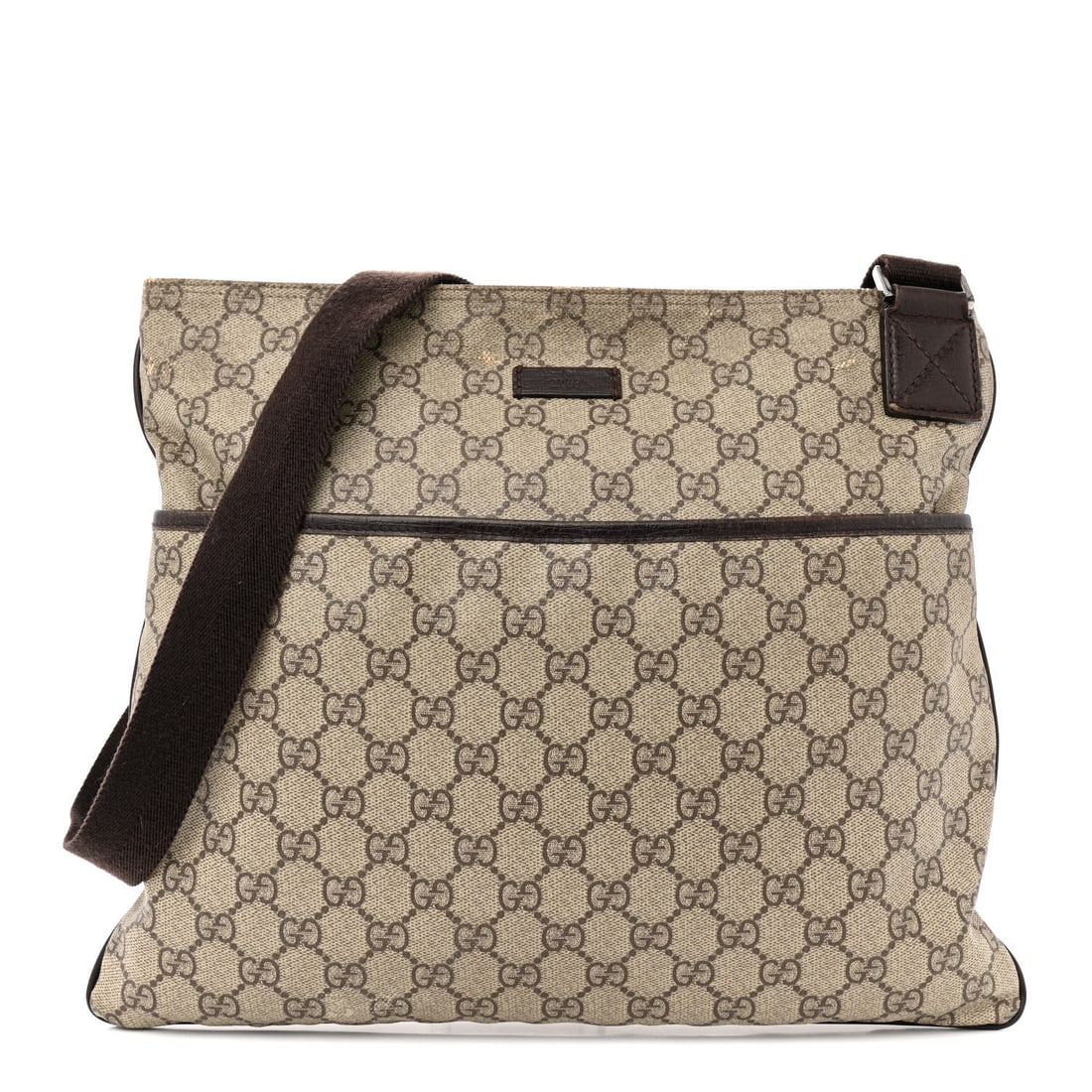 Gucci GG Plus Monogram Flat Messenger: Gucci GG Plus Monogram Flat Messenger Bag Ebony Brand: GUCCI Condition: Shows Wear Condition Details: Exterior: Corner wear, discoloration, edge wear, cracks, marks, frayed stitch(es), peeling, Handle