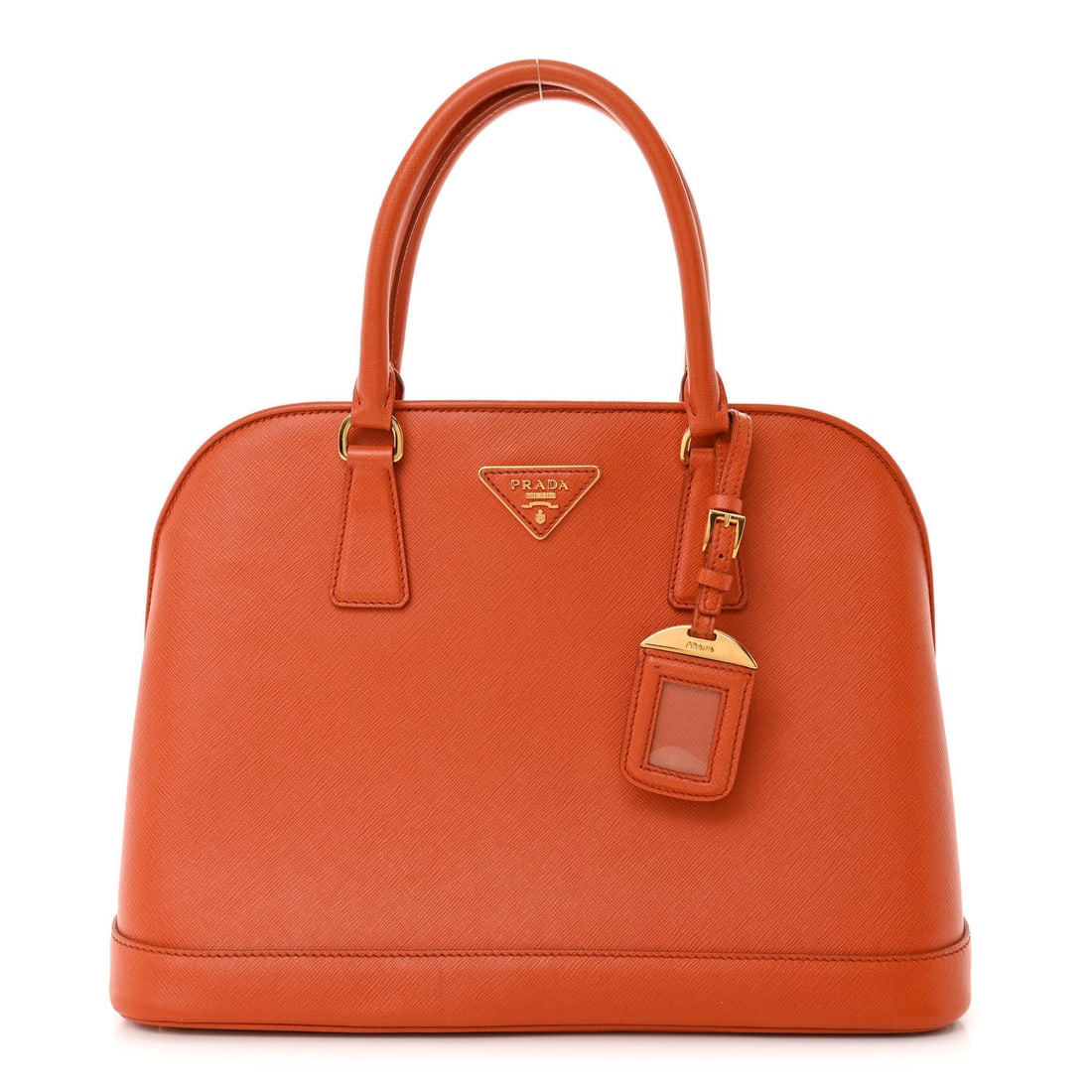Prada Saffiano Lux Medium Promenade Tote: Prada Saffiano Lux Medium Promenade Tote Papaya Brand: PRADA Condition: Shows Wear Condition Details: Exterior: Creases, cracks, indentations, imprints, faint corner wear, faint scuffs, Handle: Wear a