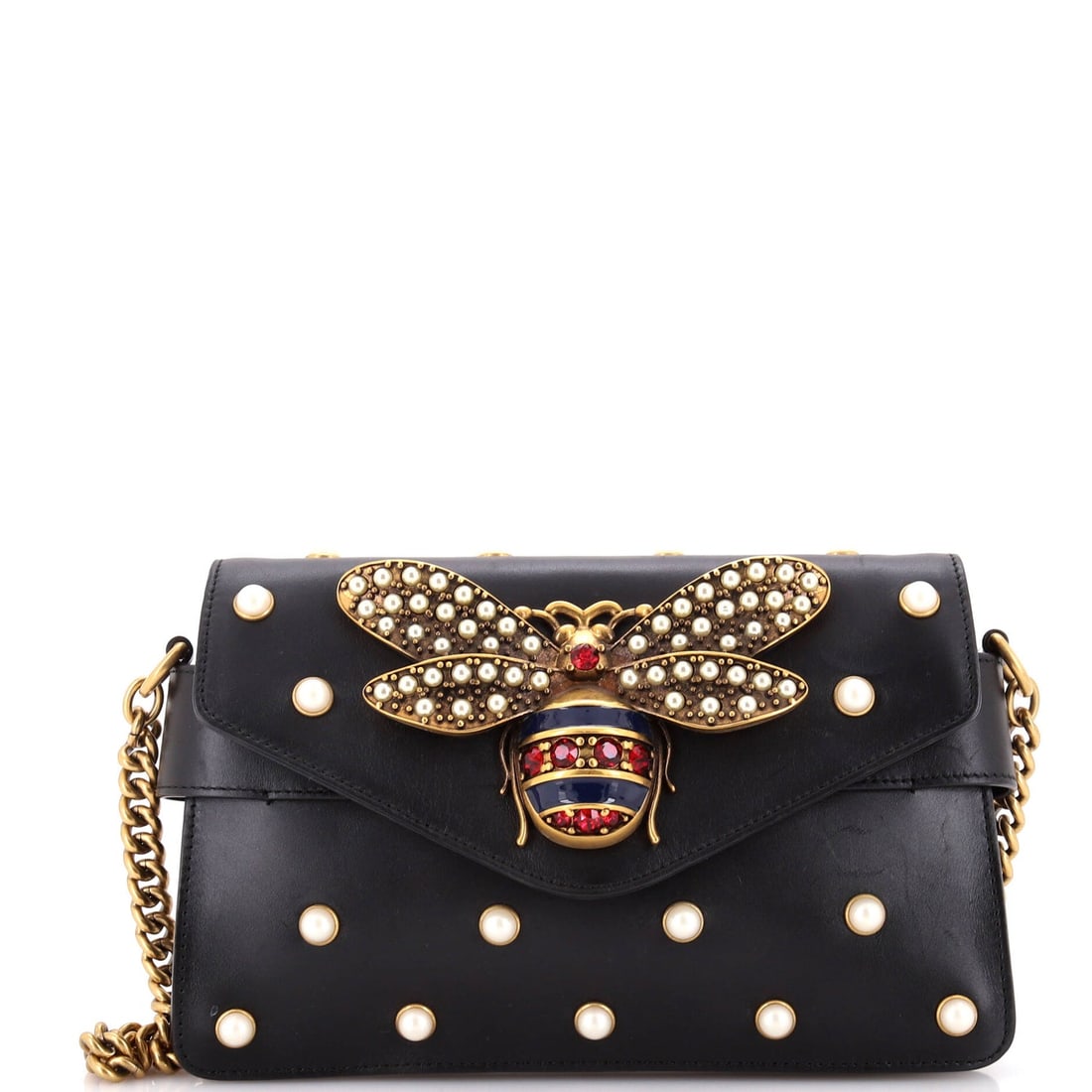 Gucci Broadway Pearly Bee Shoulder Bag: Gucci Broadway Pearly Bee Shoulder Bag Embellished Leather Mini Exterior Color: Black Interior Color: Neutral Exterior Material: Leather Interior Material: Microfiber Hardware Color: Aged Gold Acc