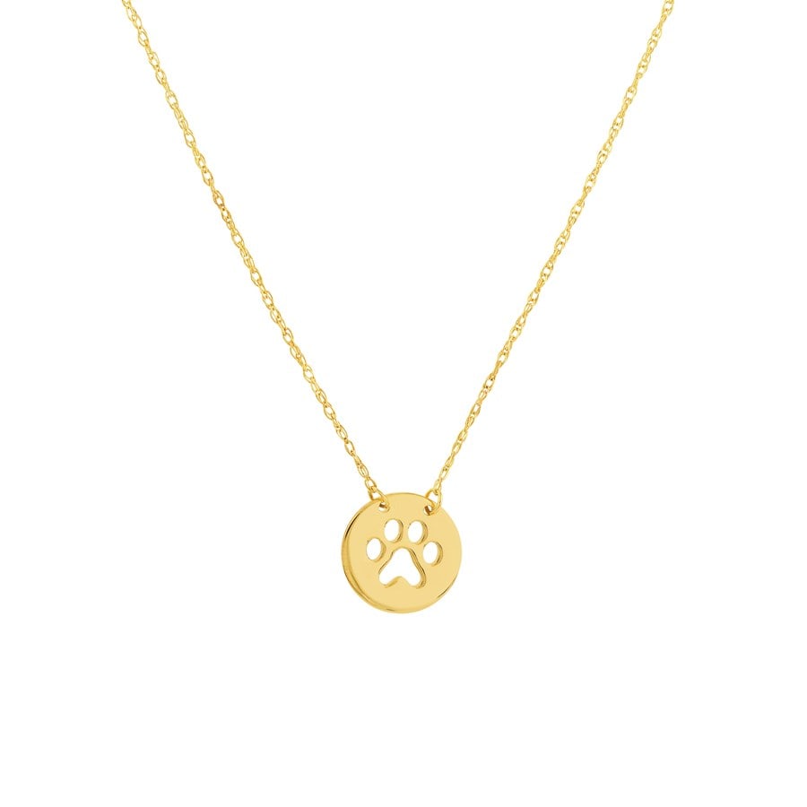 14K Yellow Gold Cutout Paw Mini: 14K Yellow Gold Cutout Paw Mini Disc Rope Necklace - 16"-18" SKU no: RBJ235226 Metal: Gold Purity: 14K Finish: Polished Length Of Item: 18in Chain Type: Pendant Rope Chain Length: 18in