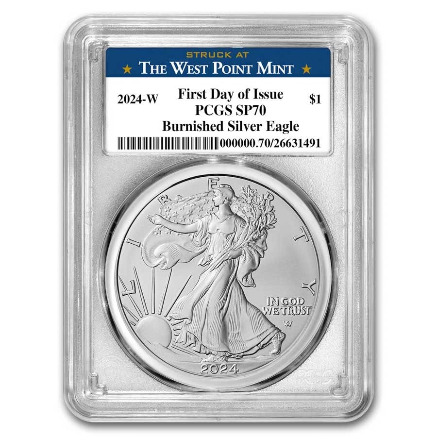 2024-W Burnished Silver Eagle SP-70 PCGS: 2024-W Burnished Silver Eagle SP-70 PCGS (FDI, West Point Label) Product ID: 298809 Year: 2024 Grade: SP - 70 Grade Service: PCGS Denomination: 1 Dollar Mint Mark: W - West Point Metal Co