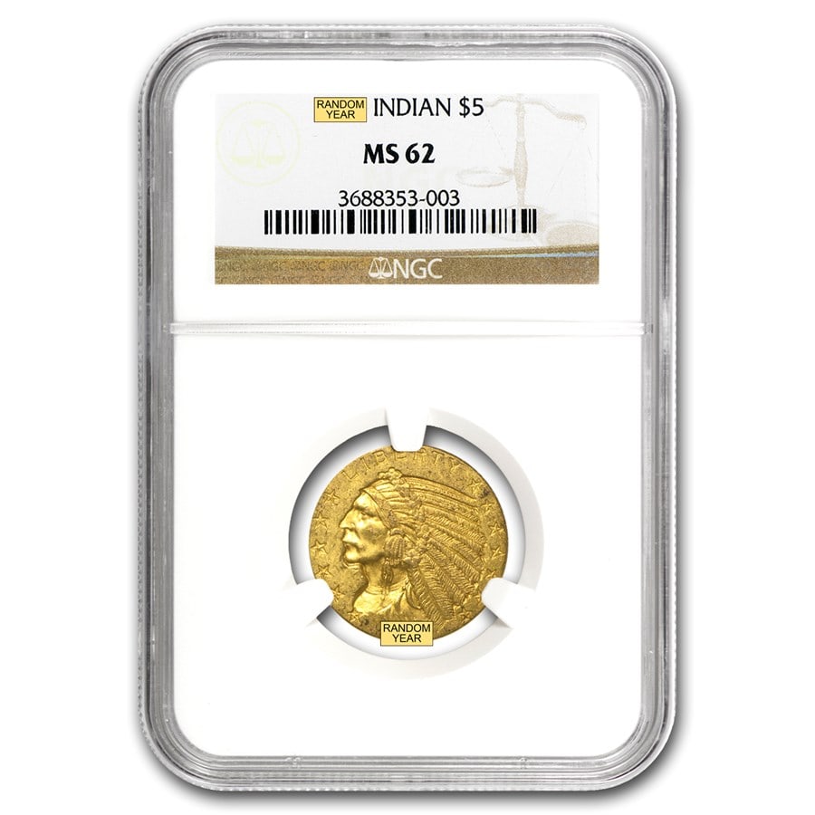 $5 Indian Gold Half Eagle MS-62: $5 Indian Gold Half Eagle MS-62 NGC (Random Year) SKU no: RBJ23208 Year: Random Grade: MS-62 Grade Service: NGC Denomination: 5 Dollars Mint Mark: Varies Metal Content: 0.2419 troy oz
