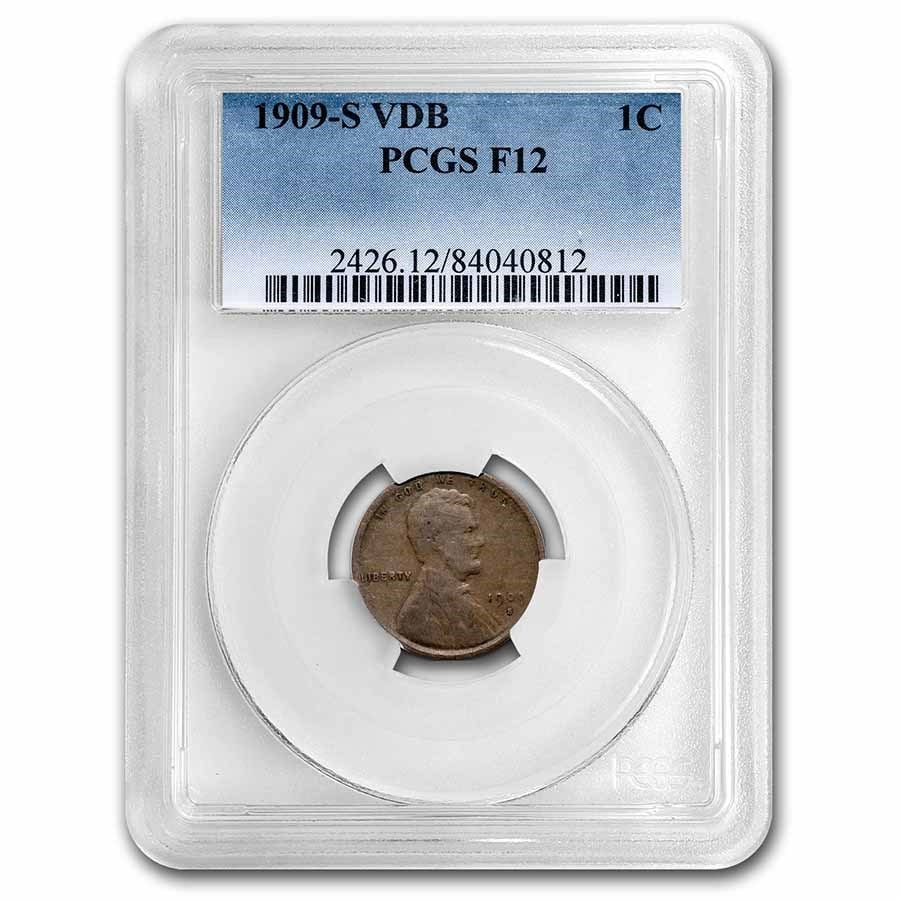 1909-S VDB Lincoln Cent Fine-12 PCGS: 1909-S VDB Lincoln Cent Fine-12 PCGS SKU no: RBJ24644 Year: 1909 Grade Service: PCGS Denomination: $0.01 Metal Content: 0 troy oz Purity: N/A Thickness: 1.50 mm Diameter: 19 mm <