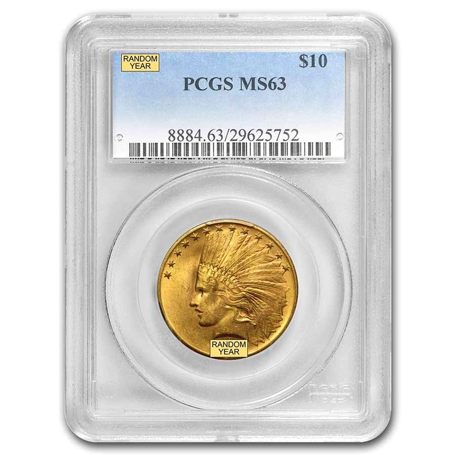 $10 Indian Gold Eagle MS-63 PCGS: $10 Indian Gold Eagle MS-63 PCGS (Random) SKU no: RBJ12919 Year: Random Grade: MS-63 Grade Service: PCGS Denomination: $10 Mint Mark: Varies Metal Content: 0.4838 troy oz Purity:
