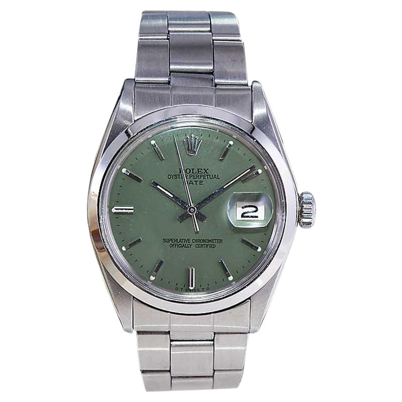 Rolex Steel Oyster Perpetual Date with: Rolex Steel Oyster Perpetual Date with Custom Made Sage Green Dial 1960s Brand: Rolex Style: Modern Place of Origin: Switzerland Period: 1960-1969 Date of Manufacture: 1960s Condition: Excellent A