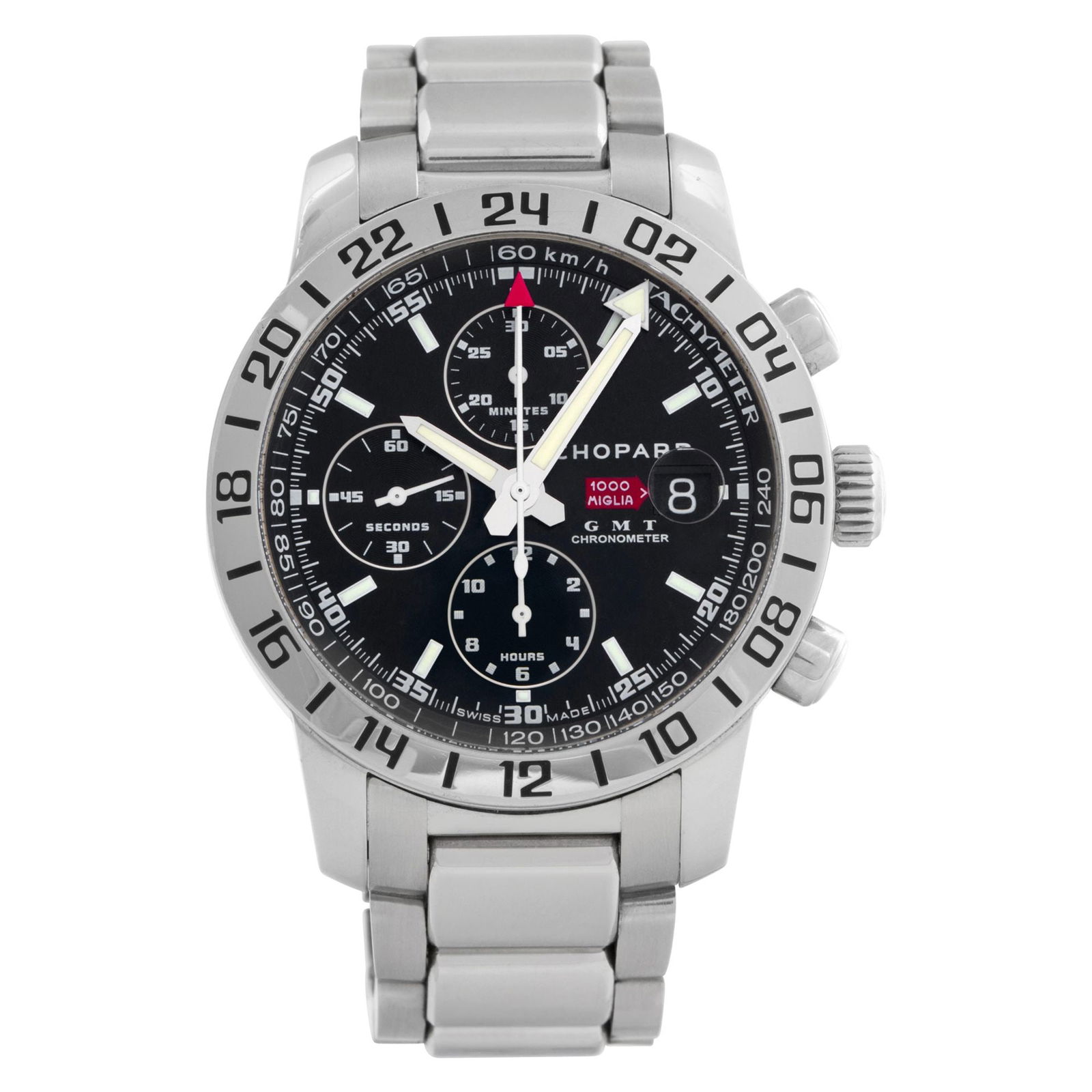Chopard Mille Miglia GMT Chronograph in: Chopard Mille Miglia GMT Chronograph in stainless steel. Auto w/ subseconds, date, chronograph and dual time. 42 mm case size. Ref 158992-3001. Circa 2010s. Fine Pre-owned Chopard Watch. Certified pre