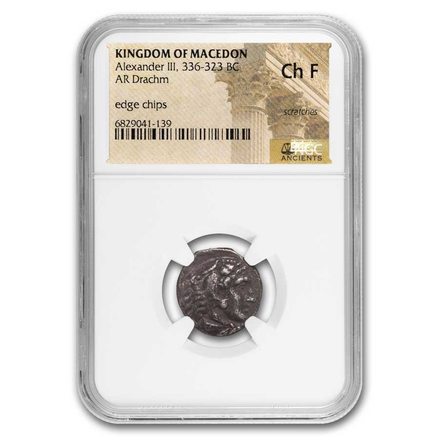 Macedon AR Drachm Alexander III 336-323: Macedon AR Drachm Alexander III 336-323 BC Ch Fine NGC (Lifetime) SKU no: RBJ301359 Year: 336-323 BC Grade: Fine Grade Service: NGC Denomination: AR Drachm Mint Mark: Not Shown Metal Cont