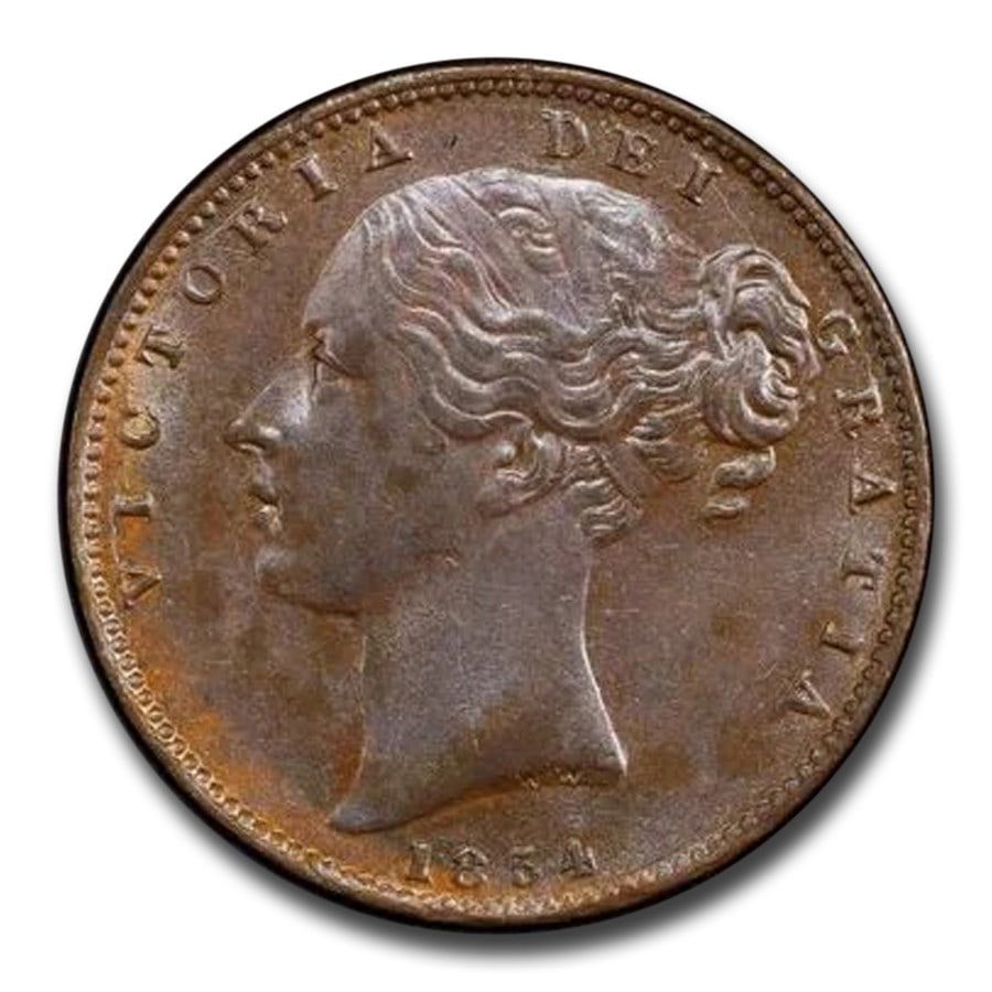 1854 Great Britain Farthing Victoria AU-58: 1854 Great Britain Farthing Victoria AU-58 PCGS (Brown) SKU no: RBJ302519 Year: 1854 Grade Service: PCGS Denomination: 1 Farthing Metal Content: 0 troy oz Purity: None Diameter: 0 mm