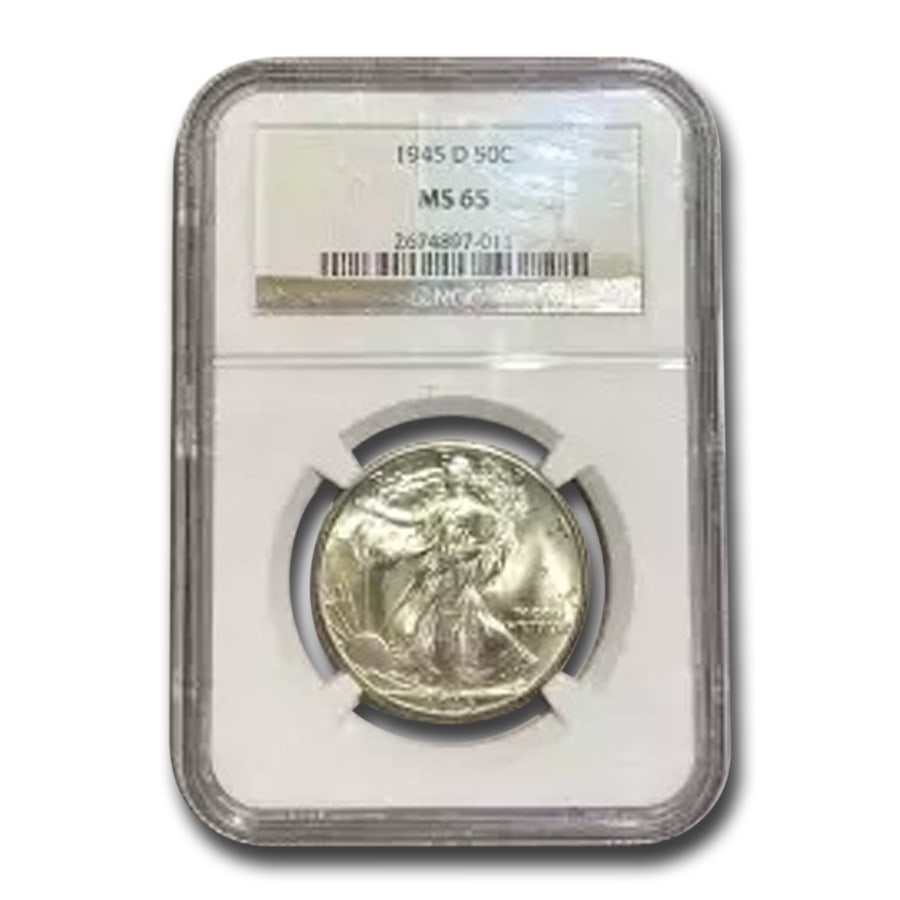 1945-D Walking Liberty Half Dollar MS-65: 1945-D Walking Liberty Half Dollar MS-65 NGC SKU no: RBJ4488 Year: 1945 Grade Service: NGC Denomination: $0.50 Metal Content: 0.3617 troy oz Purity: .900 Thickness: 2.15 mm Diame