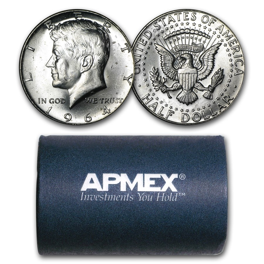 90% Silver 1964-P/D Kennedy Half Dollar: 90% Silver 1964-P/D Kennedy Half Dollar 20-Coin Roll BU Product ID: 10945 Year: 1964 Grade: Brilliant Unc Grade Service: None Denomination: 50 Cents Mint Mark: Varies Metal Content: 7.23