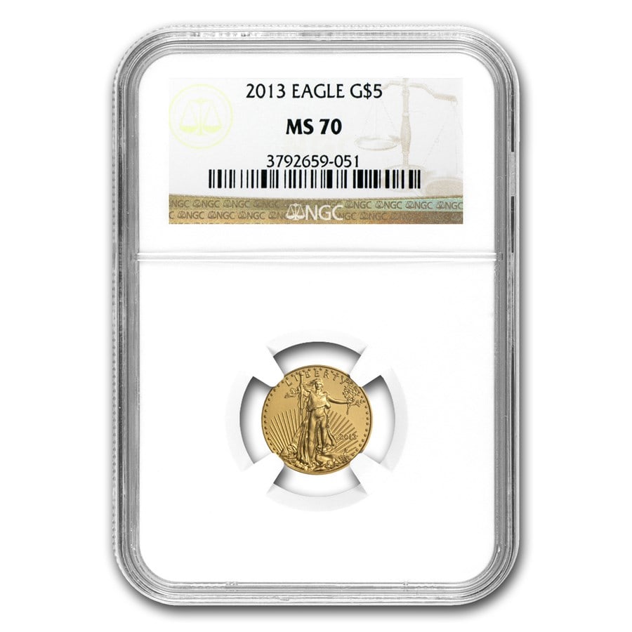 2013 1/10 oz American Gold Eagle: 2013 1/10 oz American Gold Eagle MS-70 NGC Product ID: 78548 Year: 2013 Grade Service: NGC Denomination: $5.00 Metal Content: 0.1 troy oz Purity: .9167 Thickness: 1.19 mm Diamete