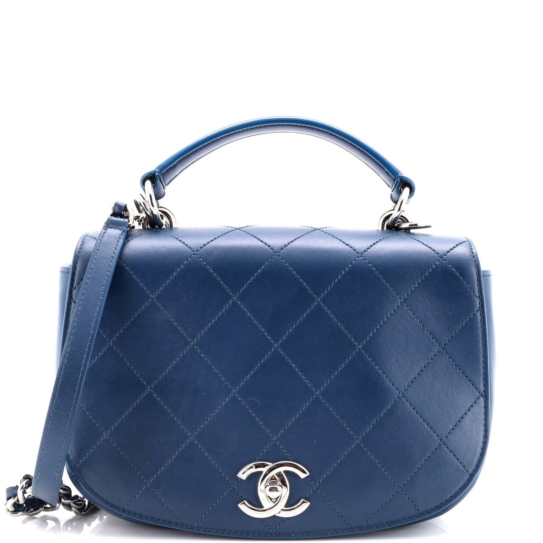 Chanel Ring My Bag Top Handle: Chanel Ring My Bag Top Handle Bag Stitched Calfskin Medium Exterior Color: Blue Interior Color: Blue Exterior Material: Leather Interior Material: Fabric Hardware Color: Silver Accessories: No Acc