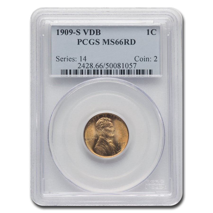 1909-S VDB Lincoln Cent MS-66 PCGS: 1909-S VDB Lincoln Cent MS-66 PCGS (Red) Product ID: 154909 Year: 1909 Grade Service: PCGS Denomination: 1 Cent Metal Content: 0 troy oz Purity: 0 Thickness: 1.5 mm Diameter: 19