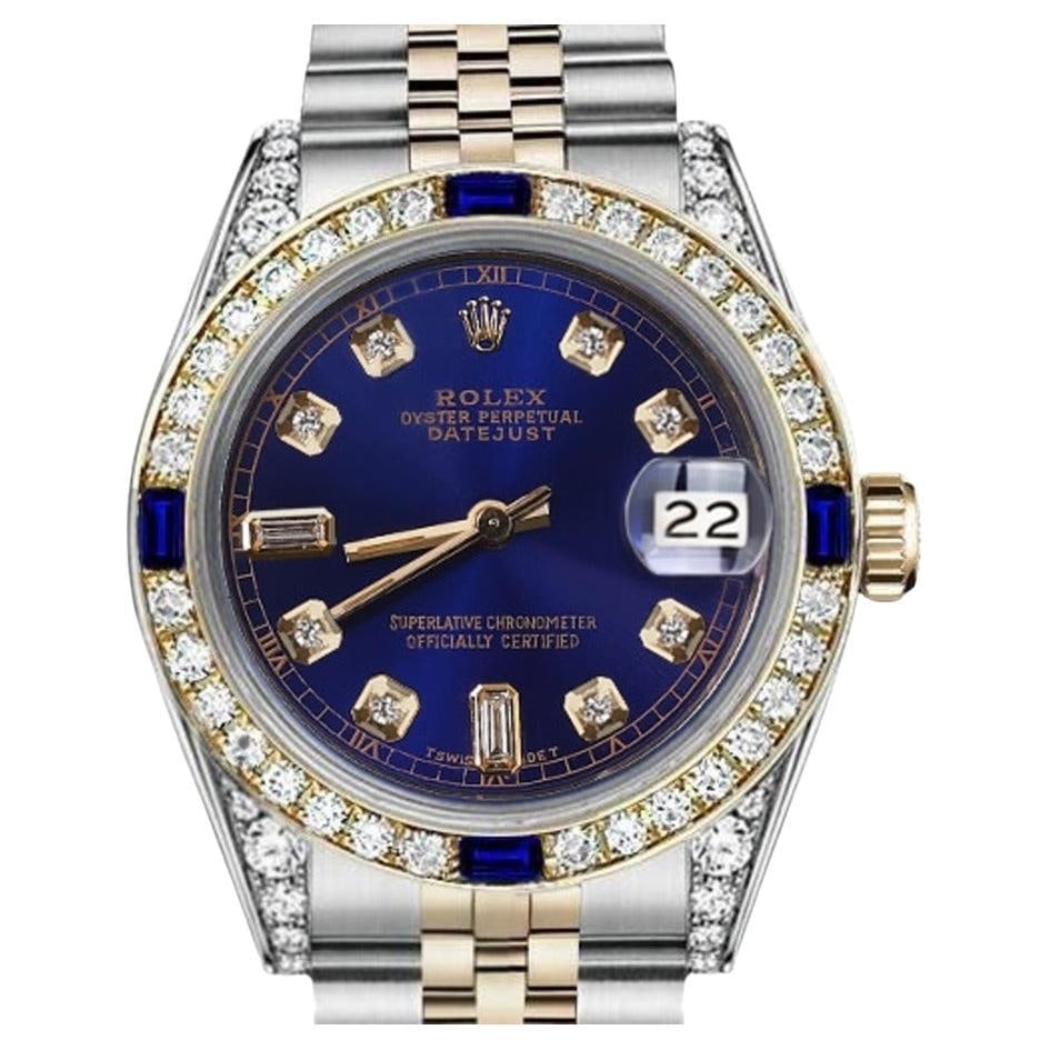 Rolex 36mm Datejust Two Tone Jubilee: Rolex 36mm Datejust Two Tone Jubilee Blue Color Dial Baguette Diamond Dial Watch Brand: Rolex Design: Datejust Watch Datejust Collection Case Material: Gold, Stainless Steel Stone: Diamond Stone Cut: