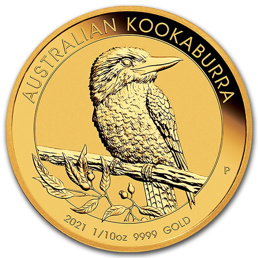 2021 Australia 1/10 oz Gold Kookaburra: 2021 Australia 1/10 oz Gold Kookaburra BU Product ID: 225248 Year: 2021 Grade: Brilliant Unc Grade Service: None Denomination: 15 Dollars Mint Mark: P - Perth Metal Content: 0.1 troy oz <