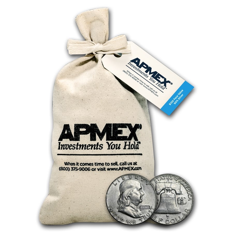 90% Silver Franklin Half Dollars $100: 90% Silver Franklin Half Dollars $100 Face Value Bag Avg Circ Product ID: 5297 Year: Random Grade: Average Circulated Grade Service: None Denomination: $0.50 Mint Mark: Varies Metal Conte