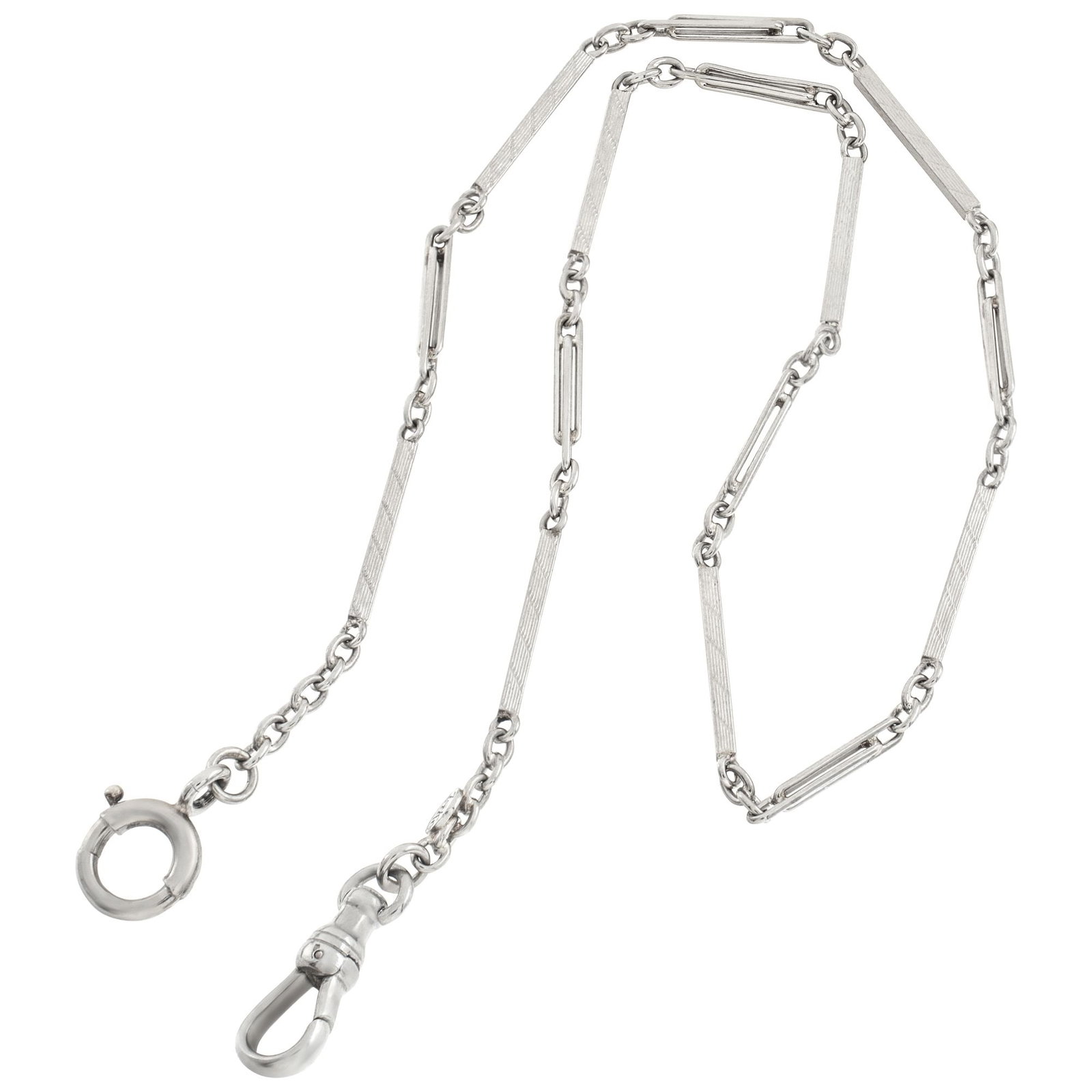 Watch fob in 14k white gold,: Watch fob in 14k white gold, Brand: Estate Jewelry Gender: Unisex Metal(s) / Material(s): 14k White Gold Item Weight: 5.60 pwt Watch fob in 14k white gold, 14" length Guidelines for Bidding