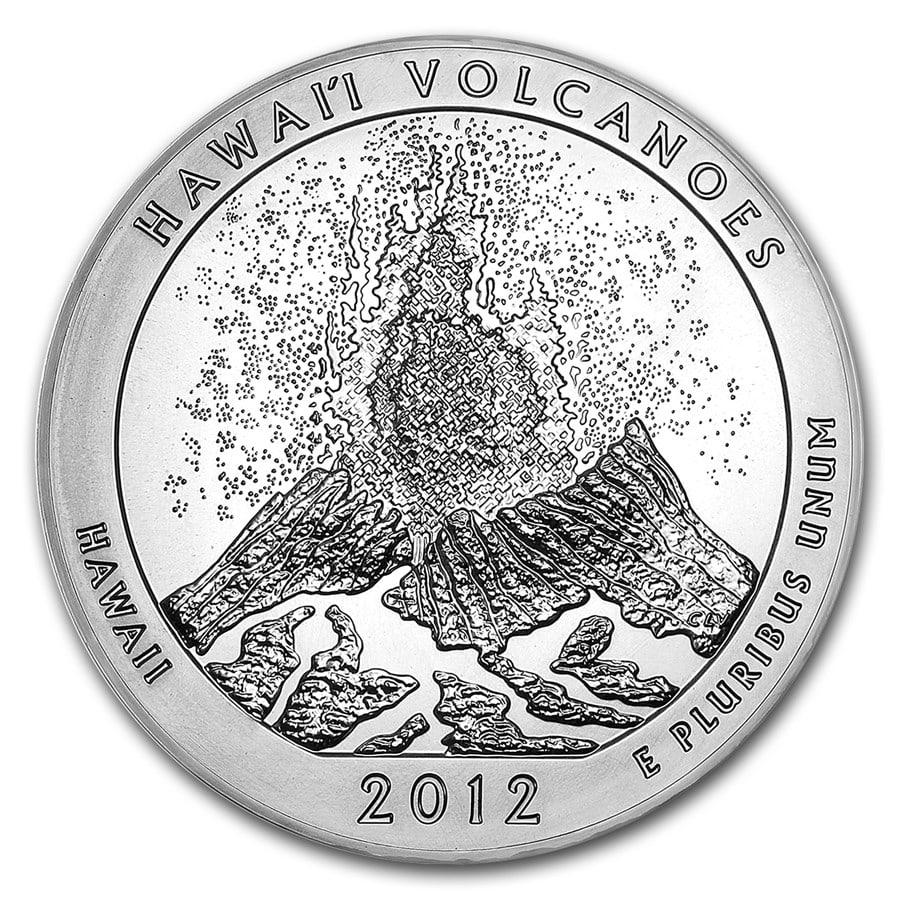 2012 5 oz Silver ATB Hawaii: 2012 5 oz Silver ATB Hawaii Volcanoes National Park, HI SKU no: RBJ68002 Year: 2012 Grade: Brilliant Unc Grade Service: None Denomination: 25 Cents Mint Mark: P - Philadelphia (Not Shown)