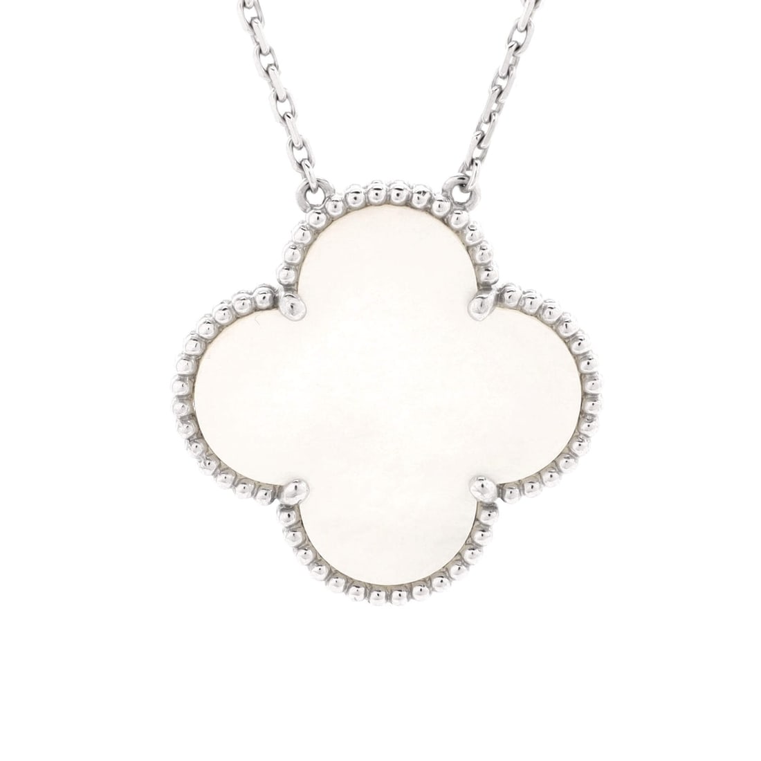 Van Cleef & Arpels Magic Alhambra: Van Cleef & Arpels Magic Alhambra Pendant Necklace 18K White Gold and Mother of Pearl Metal Type: 18K White Gold Metal Finish: High Polish Hallmarks Type: 750, Designer Signature, French Eagles Head,